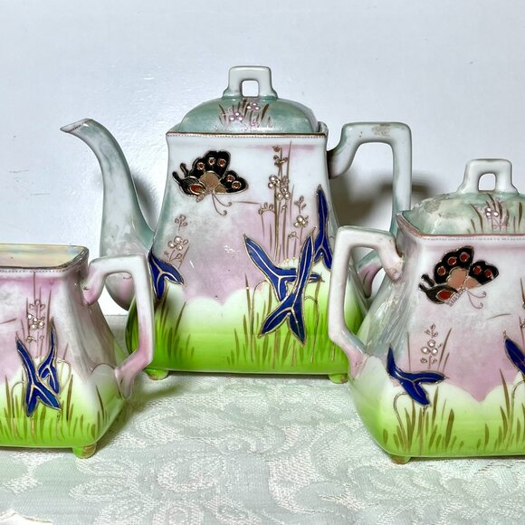 Vintage Gr Japan Hand Painted Tea Serving Set - Butterflies  Vintage GR Japan Hand Painted Tea Serving Set-Butterflies & Flowers, Gold Accent